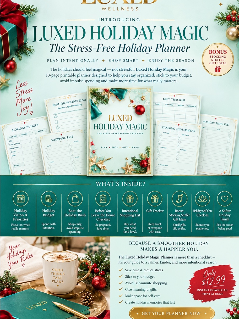 Luxe Holiday Magic Planner - Teal and Gold Cover